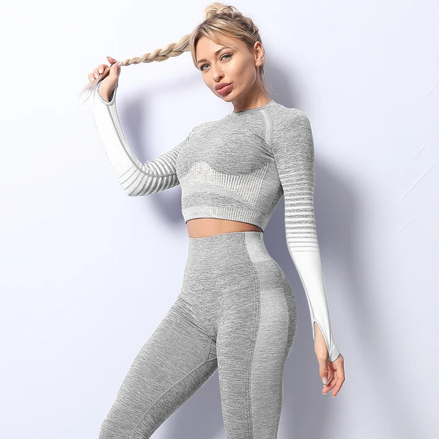 Seamless Rib Yoga Set Sport Outfits Women Two 2 Piece Dry Fit Tight Long Sleeve Crop