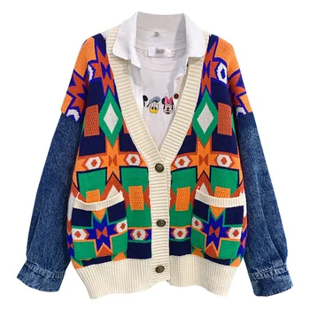 

Autumn Europe Women Single Breasted V Neck Geometric Patchwork Denim Sleeve Sweater Ladies Streetwear Knitwear Outwear Coat