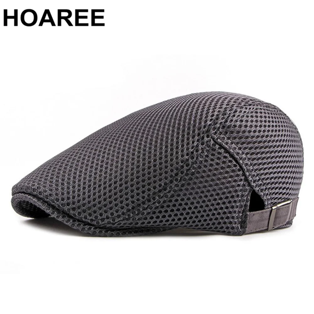 

HOAREE Men Hollow Out Beret Summer Flat Caps Solid Gray White Duckbill Hat Unisex Casual Adjustable Classic Male Irish Caps