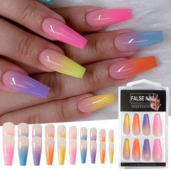 

20pcs/Set Long Coffin Fake Nails European Rainbow Ballerina Full Nail Art Tips Colorful Beauty Artificial False Nails with Glue