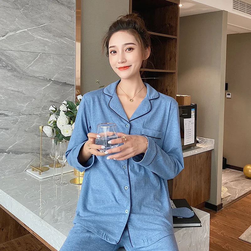 Color Cotton Long Sleeve Womens Pajama Suit Women Clothes Autumn Solid Full Length Pajamas Loungewear Two Piece Sleepwear - Цвет: light blue