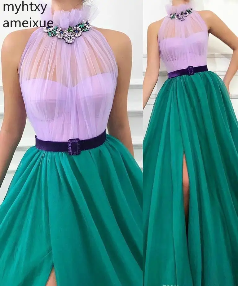 

2019 New Arrival High Neck Greed And Purple Evening Dress Two Colors Women Wear Formal Party Prom Gown Custom Made Plus Size