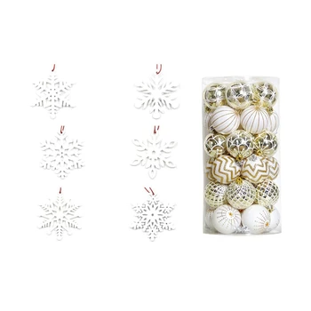 

Set of 6 Wooden Hanging Hollow Snowflakes Pendants Xmas Tree Ornament White & 30Pcs Christmas Tree Decor White Gold Ball