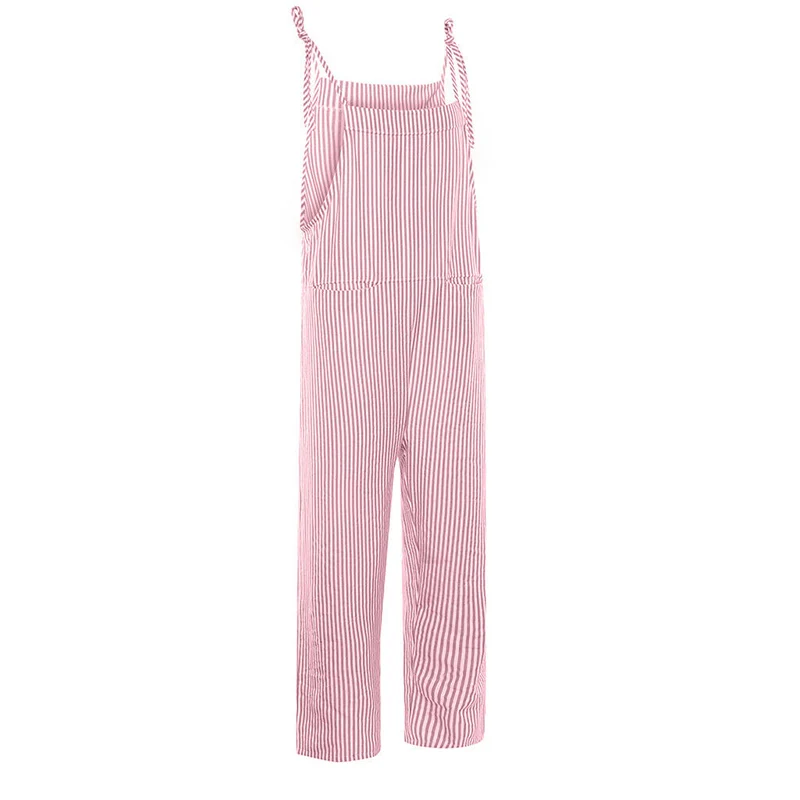 Summer Jumpsuit Womens Casual Baggy Striped Wide Leg Overalls Dungarees Jumpsuit Women Street Daily Cotton Linen Jumpsuit S-XL
