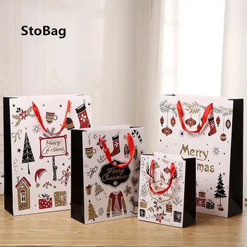 

StoBag 12pcs Black Christmas Tote Paper For Baby Party Handmade Candy Food Package Supplies Baby Show Thicken Package Decorating