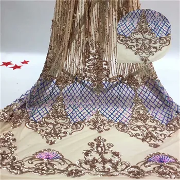 

2019 Latest fashion African net lace fabric 5 yards golden sequined flower tulle lace fabric for party dresses