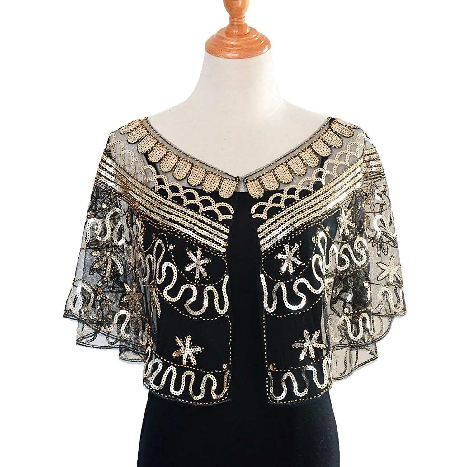 Big Discount hpT3b Women Glittering 1920s Shawl Wraps Sequin Beaded Evening Cape Bolero Flapper Black Cover Up