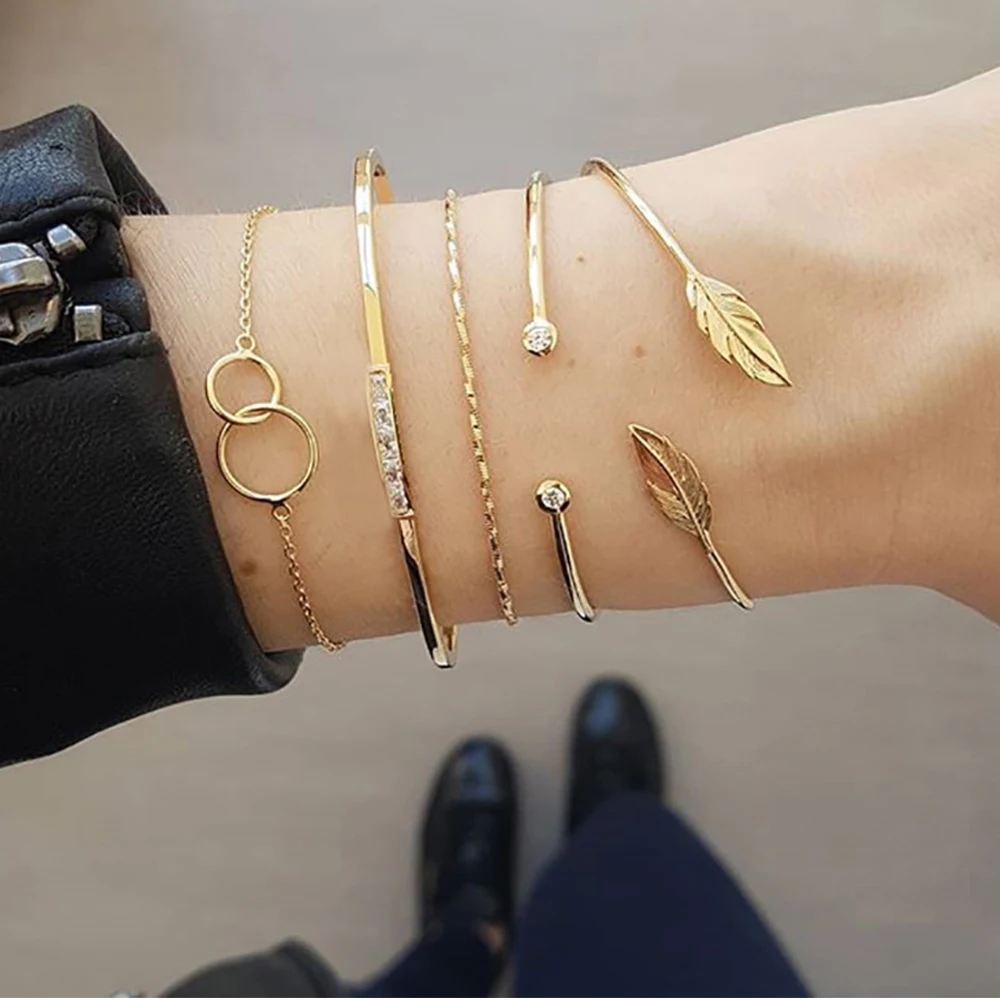 

Simple leaf-studded charms bracelet hemp pattern horizontally five-piece bracelets set women's bracelets jewelry for women egirl