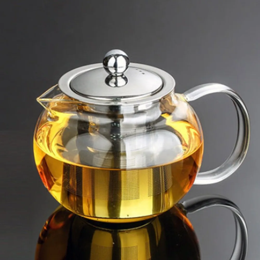 Высокая термостойкость, прозрачный боросиликатный стеклянный чайник, элегантный стеклянный чайный горшок с заваркой из нержавеющей стали