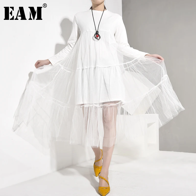 

[EAM] Women White Mesh Irregular Split Joint Dress New Round Neck Long Sleeve Loose Fit Fashion Tide Spring Autumn 2019 AS336