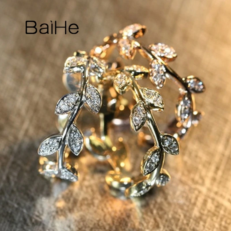 US $701.01 BAIHE Solid 14K WhiteYellowRose Gold 045ct HSI Natural Diamond ring Women кольцa wedding Band Diamond Ring Women leaf кольцo