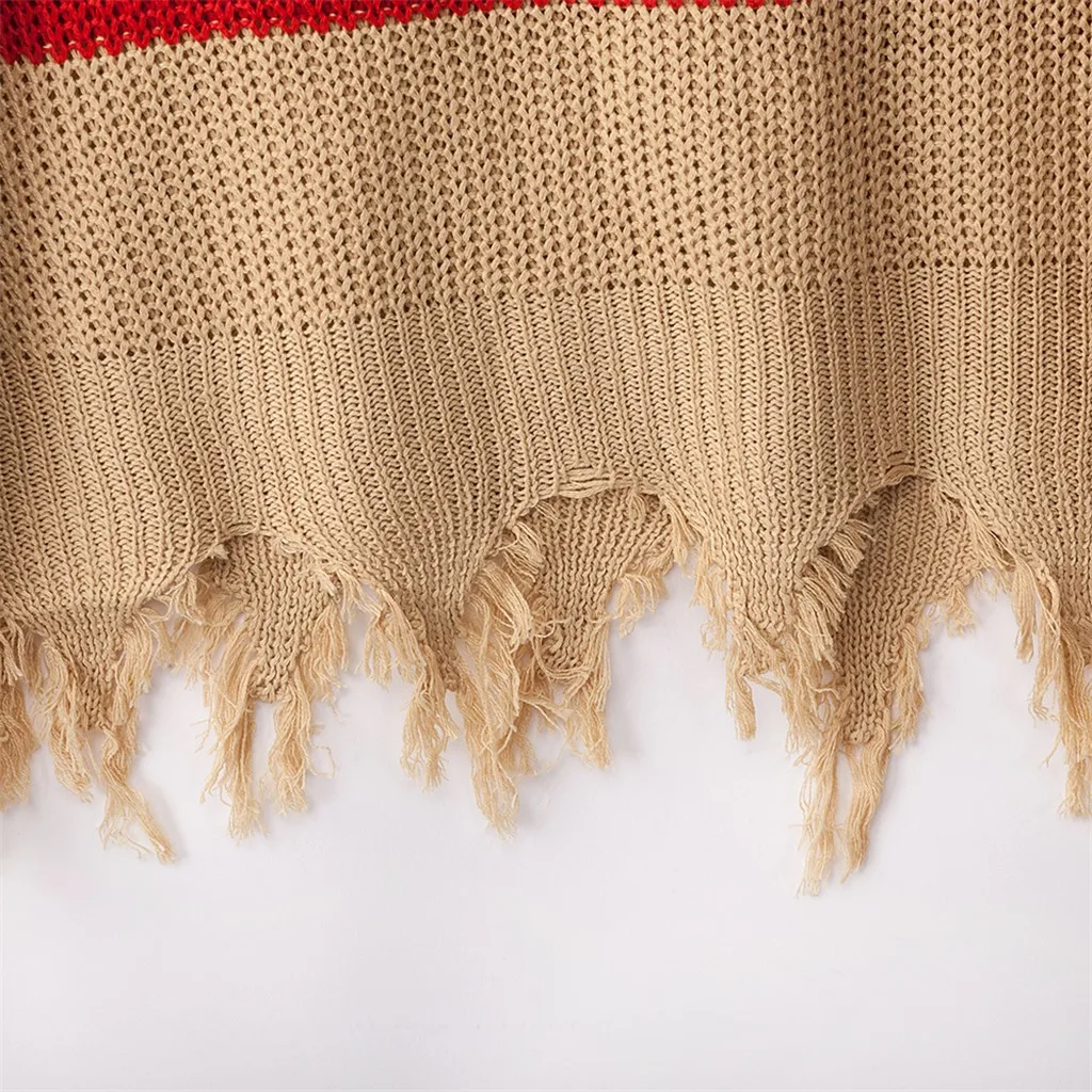 Осенне-зимние женские свитера, пуловеры размера плюс, женские вязаные Лоскутные Свитера с кисточками и длинным рукавом, свитер с v-образным вырезом