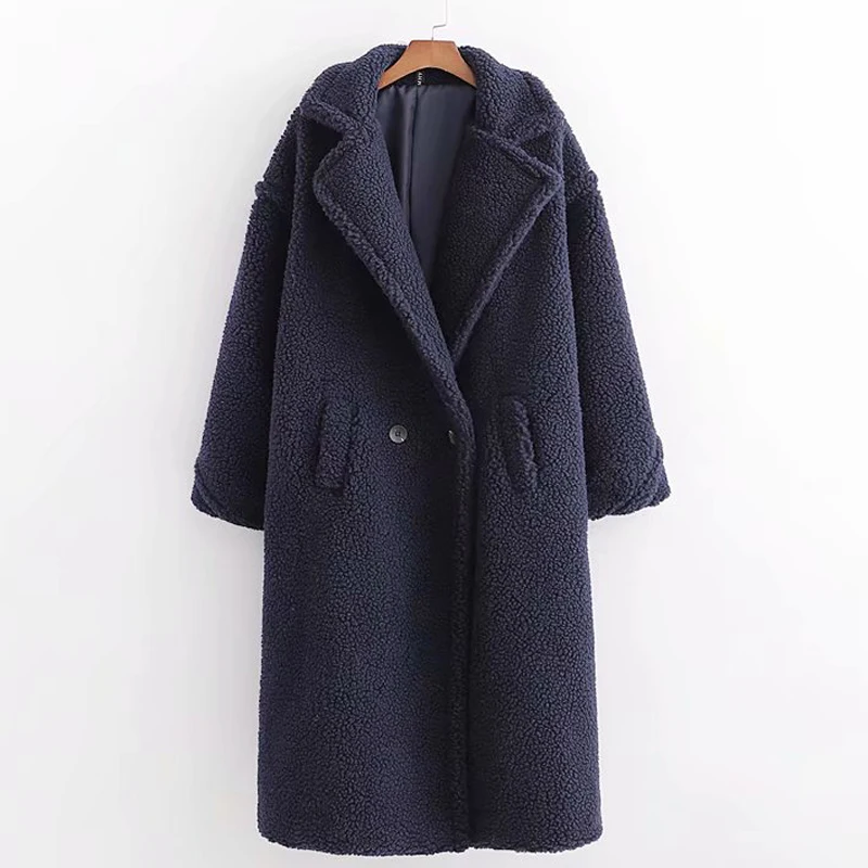 Fandy lokar пальто из искусственного меха ягненка женские модные двубортные однотонные куртки женские элегантные толстые длинные пальто женские JH - Color: XDFF2230 Navy Blue
