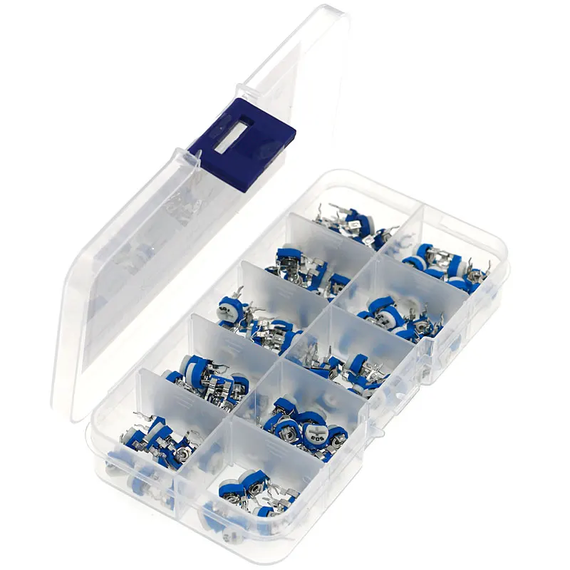 100Pcs 10 값 가변 저항기 500R 1M RM065 탄소 필름 수평 Trimpot 전위차계 분류 키트