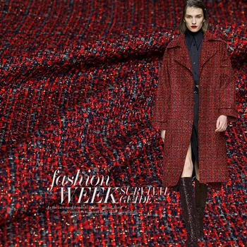 

50x150cm Red and Black Color Wool Tweed Fabric Yarn Dyed Braided Tweed Fabric For Women's Overcoat Warm Tweed Coat Fabric Sewing