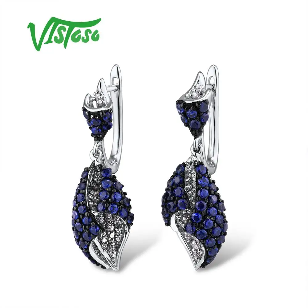 

VISTOSO Gold Earrings For Women 14K 585 White Gold Sparkling Diamond Shiny Created Blue Sapphire Dangling Earrings Fine Jewelry