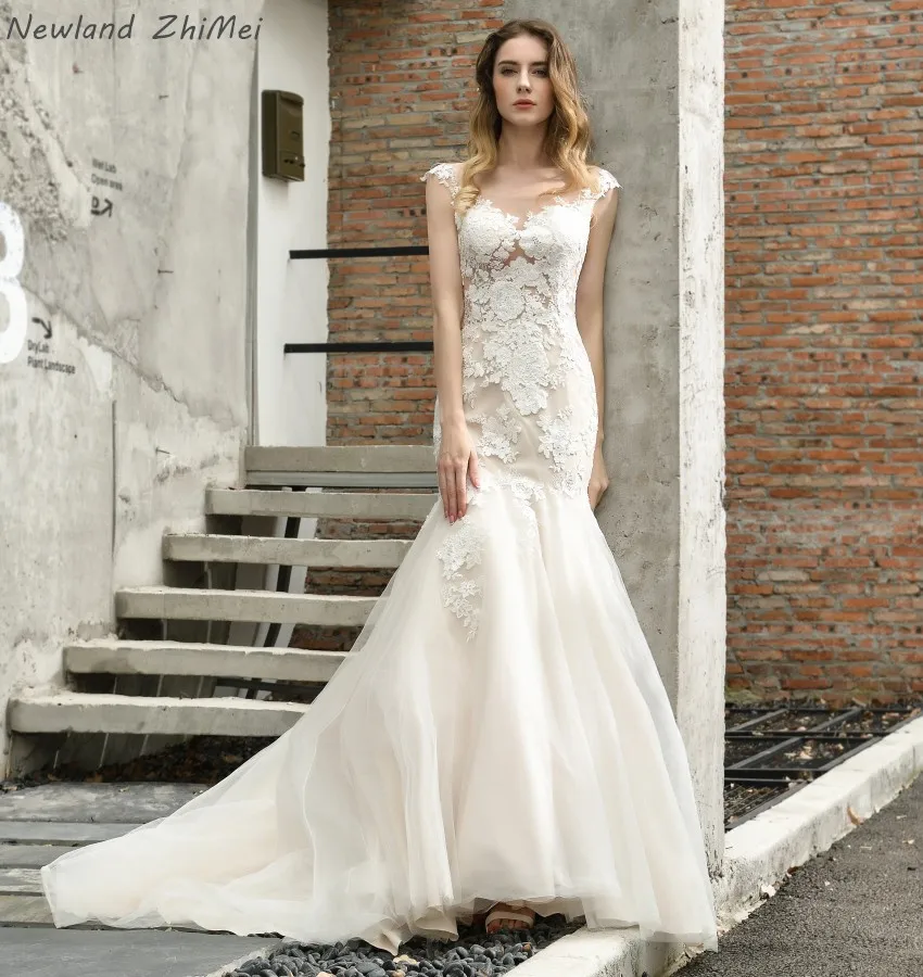 

Newland ZhiMei Wedding Dress Mermaid Ivory Champagne Sheer O Neck Bride Dress Applique Tulle Long Mariage