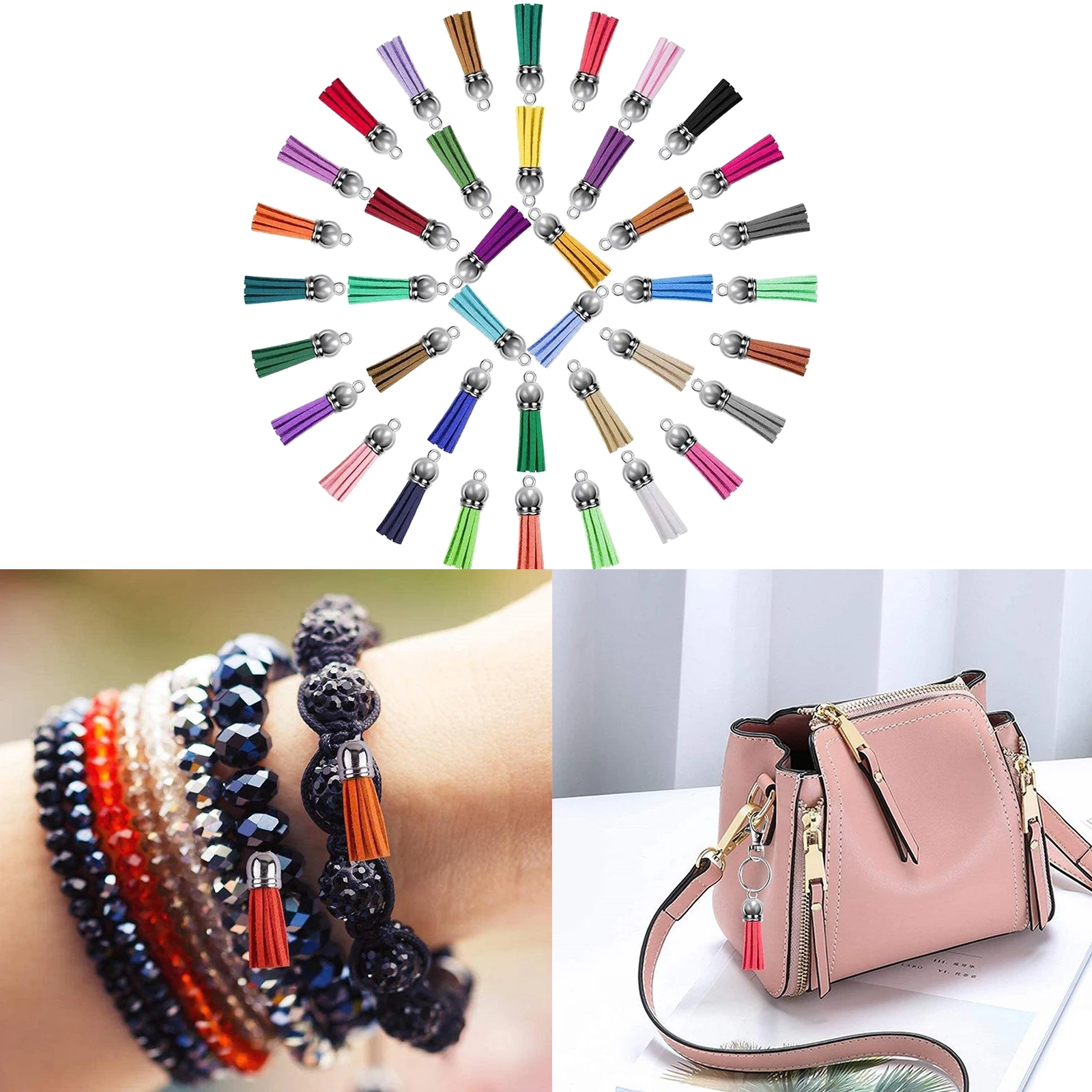 

200Pcs 40 Colors 38mm Faux Leather Tassel Pendants with Caps for Key Chain DIY