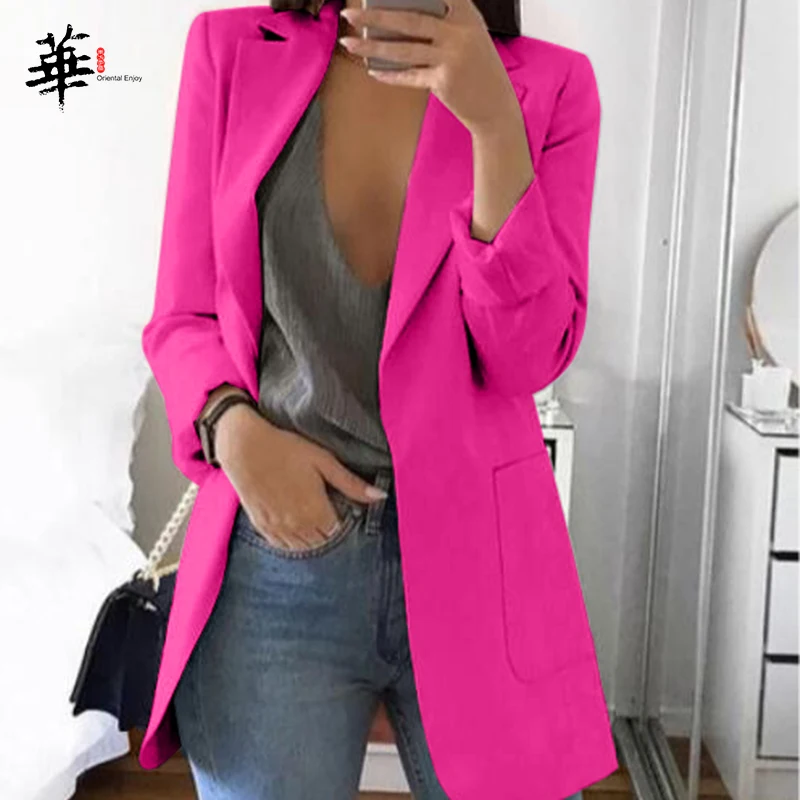 Fuchsia Размера плюс 5XL минималистичный Для женщин элегантный кардиган пиджак с длинным рукавом OL для худого телосложения Повседневное тонком каблуке Дамская обувь верхняя одежда пиджаки для женщин - Цвет: Fuchsia