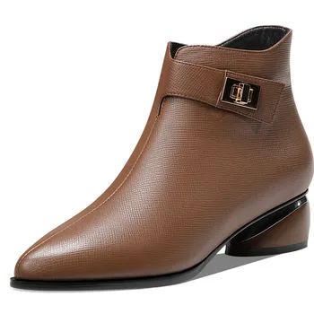 

Women's genuine leather thick med heel pointed toe autumn ankle boots metal buckle side zip retro high quality short boots shoes