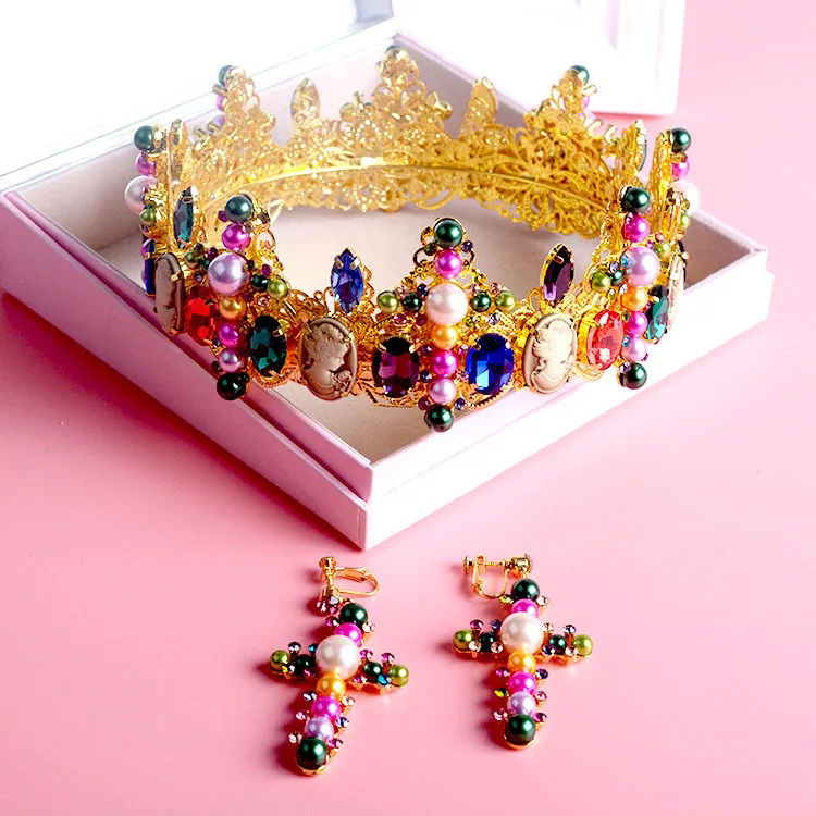 Красочная корона в стиле барокко свадебные аксессуары для волос Золотые Свадебные короны с серьгами жемчужные наборы свадебных ювелирных изделий