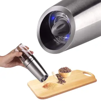 

Salt and Pepper Grinder Set Gravity Induction Stainless Steel Electric with Blue LED Light Adjustable Battery Powered
