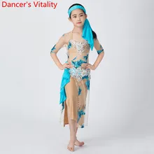 Детский костюм для выступлений для танца живота, Осенний халат с вырезом, бюстгальтер, юбка, пояс, повязка на голову, комплект из 5 предметов, одежда для восточных индийских танцев, сценическая одежда