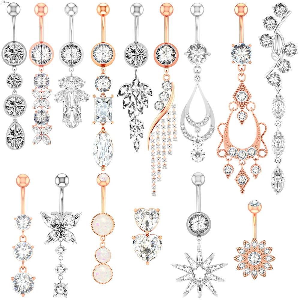 Flower Heart Dangled Belly Navel Piercing Button Ring 14G Stainless Steel CZ Crystal Opal Ombligo Woman Body Jewelry 1pc piercing jewelry body piercing jewelry body jewelry belly button piercings