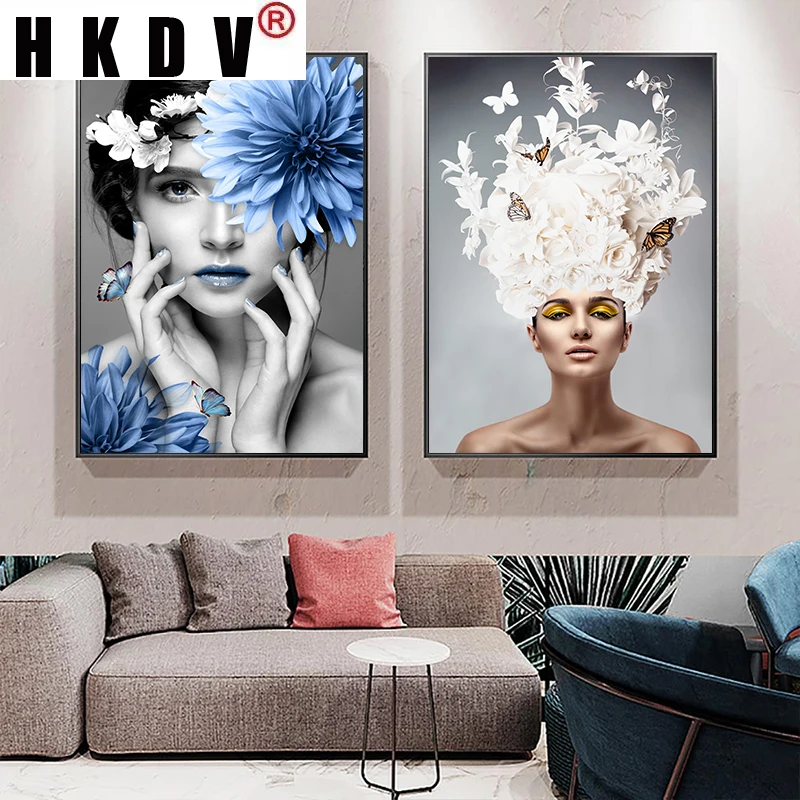 HKDV Canvas Painting Scandinavian Flower Woman Wall Art Print Abstract Poster Decoration Picture Nordic Modern Living Room Decor | Дом и сад