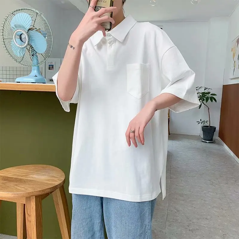 

[] INS Hong Kong Style Simple BOY'S Short Sleeve Summer Fold-down Collar Korean-style Trend Polo Shirt Half-sleeve Shirt T-shirt