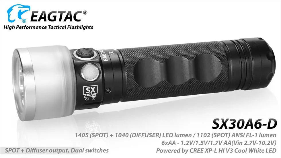 EAGTAC SX30A6-D точечный диффузор светодиодный фонарик 2445 люмен 6 AA батарея 200 часов работы двойной переключатель запатентованный дизайн