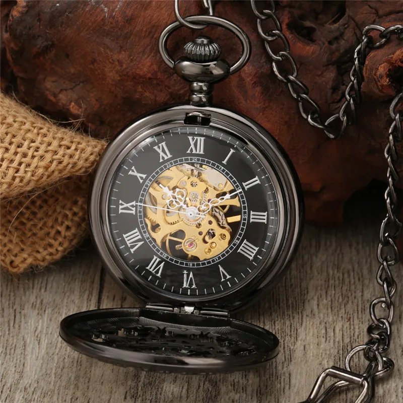 Antique Black Hollow Spider Web Hand Winding Mechanical Pocket Watch Luxury Roman Numerals Display FOB Chain Pendant Clock Gift
