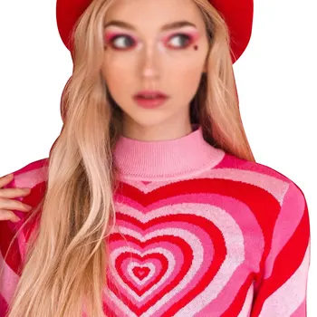 

Sweaters Women Short Style O-Neck Long-sleeve Fashion Heart Pattern Tops Casual Knitted Female Pullover Sweaters