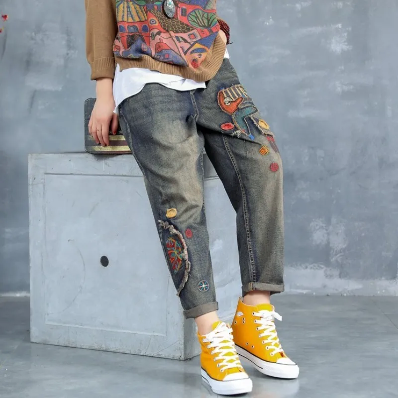 Vintage Women Cartoon Spliced Embroidery Jeans Female Long Elastic Waist Denim Harem Pants Retro Casual Loose Fit Trousers | Женская