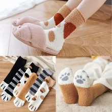 Милые Плюшевые Пушистые флисовые Носки для женщин и девочек с принтом когтей кошки; мягкие теплые домашние носки для сна; удобные чулочно-носочные изделия