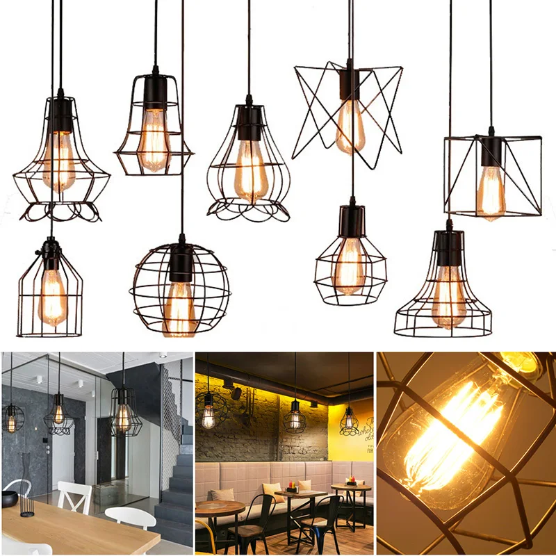 Modern Iron Cage Chandelier Retro Concise Adjustable Ceiling Lamp Metal Hanging Pendant Indoor Lampshade E27 Without Bulb | Лампы и