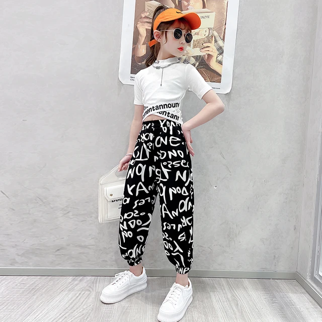 de verano para niñas pequeñas, camisetas cortas ajustadas con estampado de letras, pantalones de chándal sueltos, conjuntos para 5, 6, 7, 8, 9, 10, 11, 12 y años - AliExpress