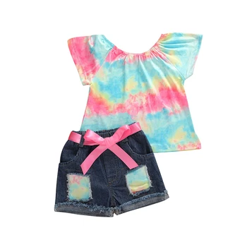 

1-6 Years Summer Baby Girl Clothes Sets Colorful Rainbow Print Ruffles Sleeve T Shirts Tops+Denim Blue Shorts Bow 2pcs Set