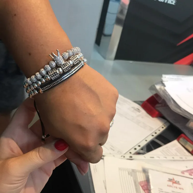 

3pcs/set Luxury CZ Polygon Ball Crown Charm Braiding Macrame Bracelets Sets Men Handmade Hip Hop Bracelets & Bangles For Women
