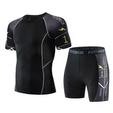 Мужской повседневный Быстросохнущий эластичный спортивный костюм с коротким рукавом для фитнеса, облегающий костюм, мужская спортивная одежда, мужской спортивный комплект, топы+ шорты, лето