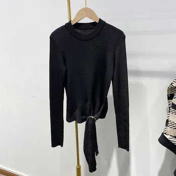 

SuperAen Autumn Solid Irregular Sweater Women O Neck Bottoming Shirt Slim Full Pullover Design Sweaters