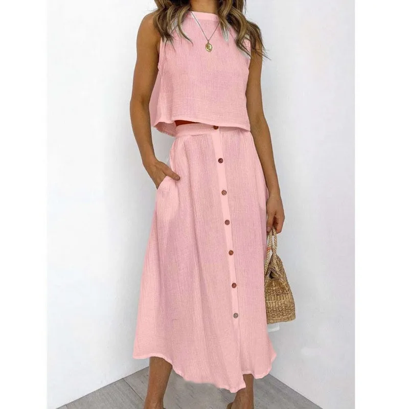 Casual Long Skirt Suit Womens Summer Clothing African Clothing Solid Color Vest Sleeveless Slim Top Loose Skirt Two Piece Set