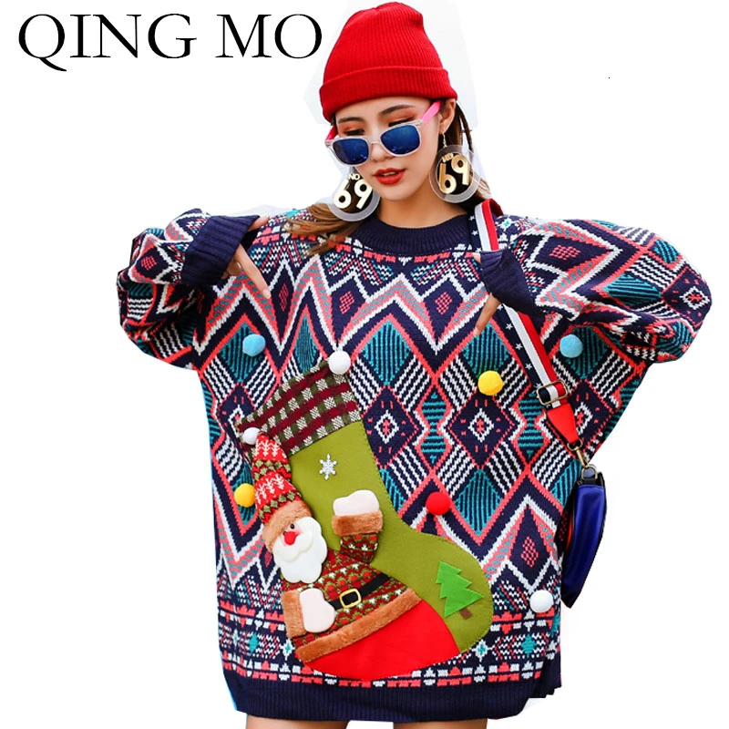 Женский свитер с геометрическим узором QING MO Зимний вязаный в винтажном стиле