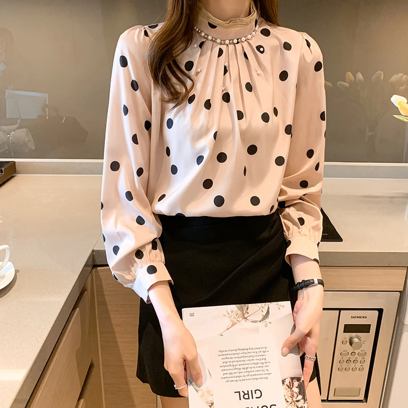 Camisas coreanas de para mujer, blusas de lunares para mujer, camisas de manga larga, Tops para mujer, blusa de raso, camisa de talla grande con abalorios para mujer|Blusas y camisas| -