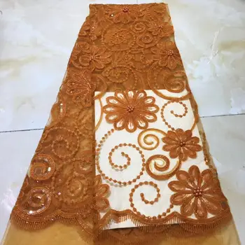 

2020 New Gold Line Orange Beads Net Fabric High Quality High French tulle Lace Fabrics 2019 Embroidered African Lace Fabrics