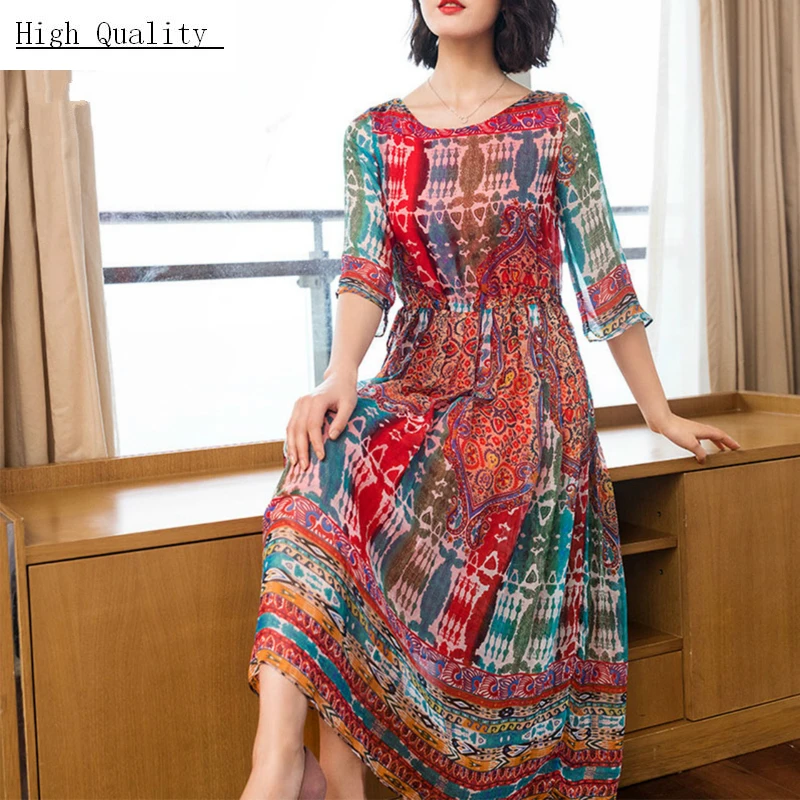 Весенне-Летнее шелковое платье женское длинное вечернее элегантные женские