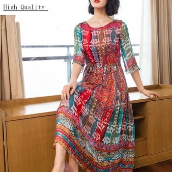

Spring Summer Silk Dress Women Long Party Dress Elegant Print Dresses Plus Size Ladies Slim Boho Vestidos 2020 LWL1555