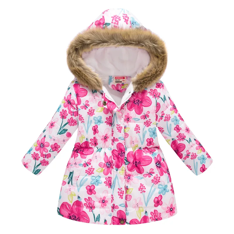 Пуховики для девочек детская модная плотная верхняя одежда с принтом детская одежда осенне-зимние теплые пальто с капюшоном и меховым воротником для маленьких девочек - Цвет: as the picture