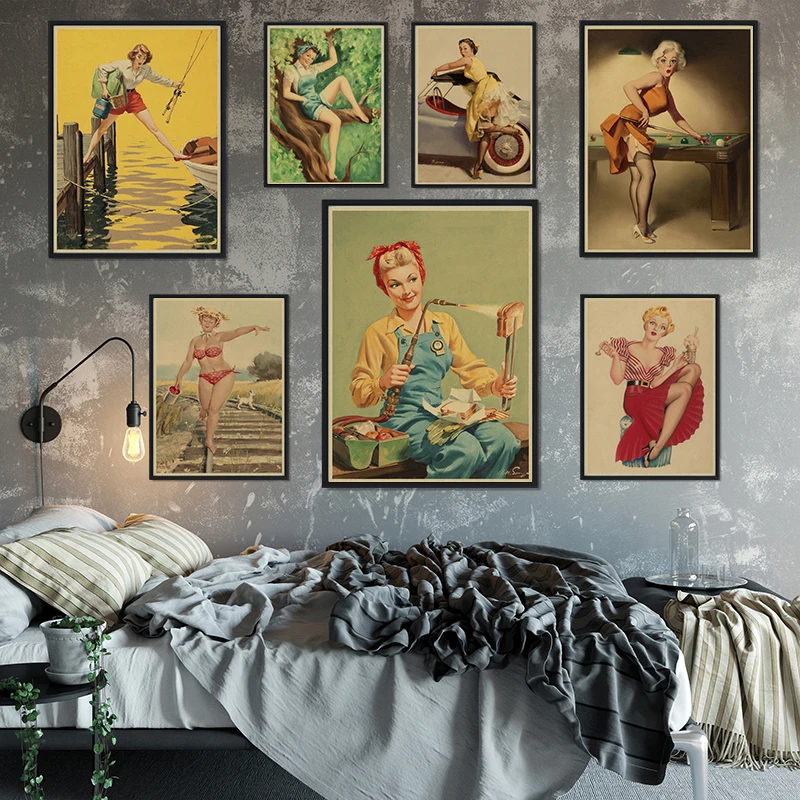 Plakat Retro uwodzicielska dziewczyna II wojna światowa Sexy pin up dziewczyna plakat w stylu vintage dekoracje ścienne Home Decor bezramowe 42*30CM