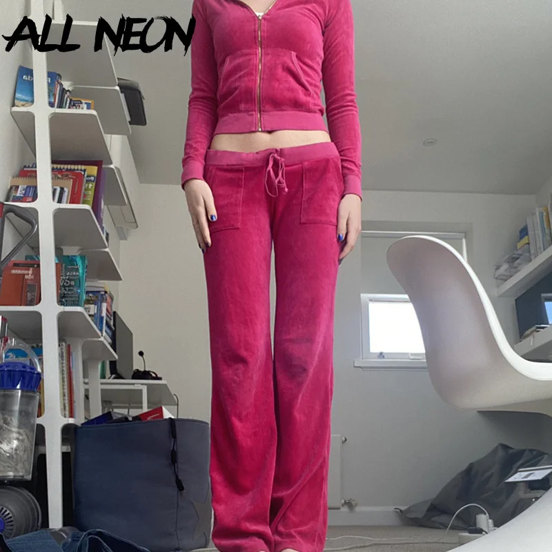 ALLNeon 2000s Aesthetics Pink Velour 2 Piece Sets with Pants Streetwear Zip Up Hoodie Drawstring Low Waist Pants Co-ord Suit